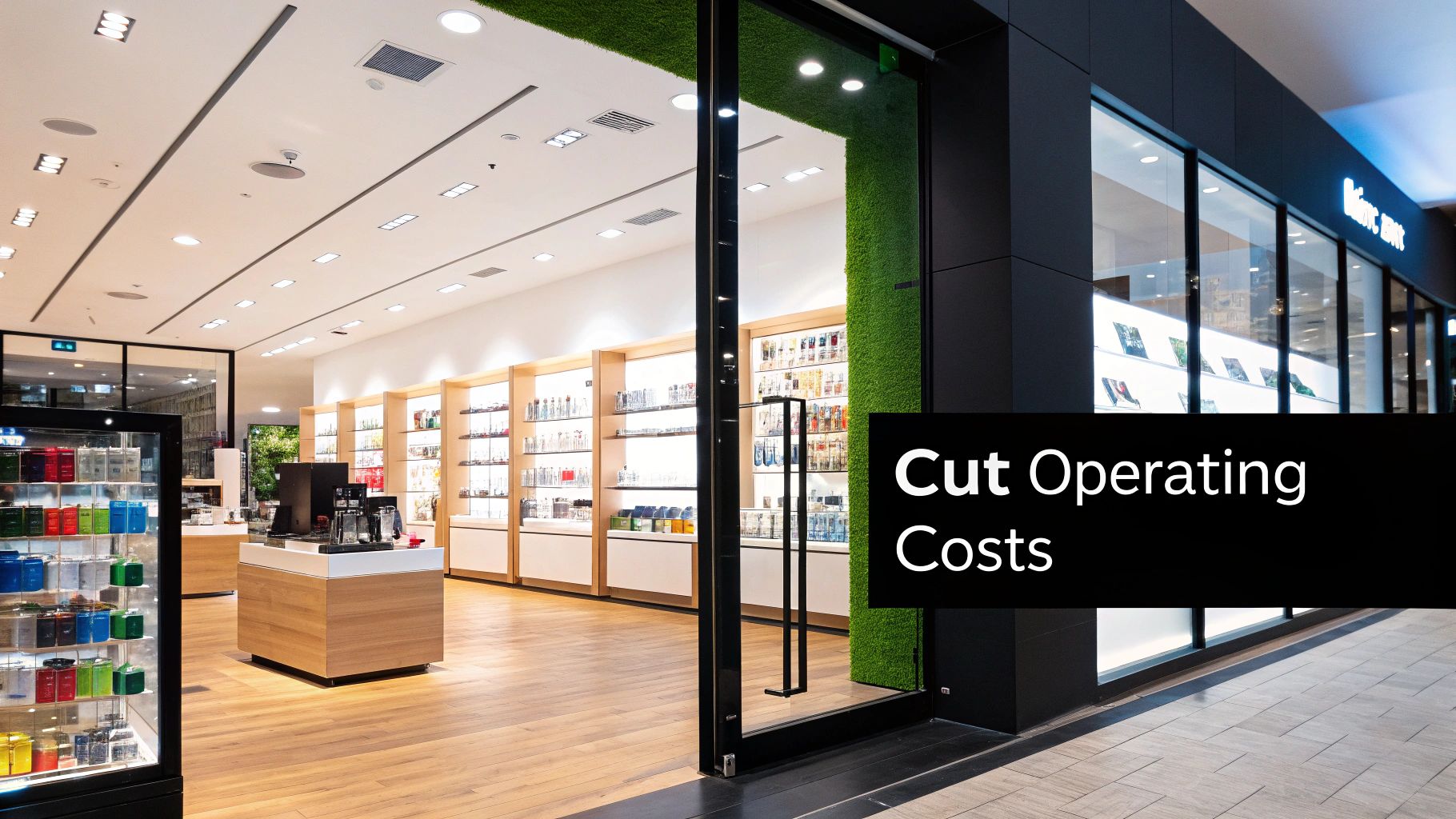 Bright, modern retail store interior with illuminated display shelves, wooden floors, and a 'Cut Operating Costs' text overlay.