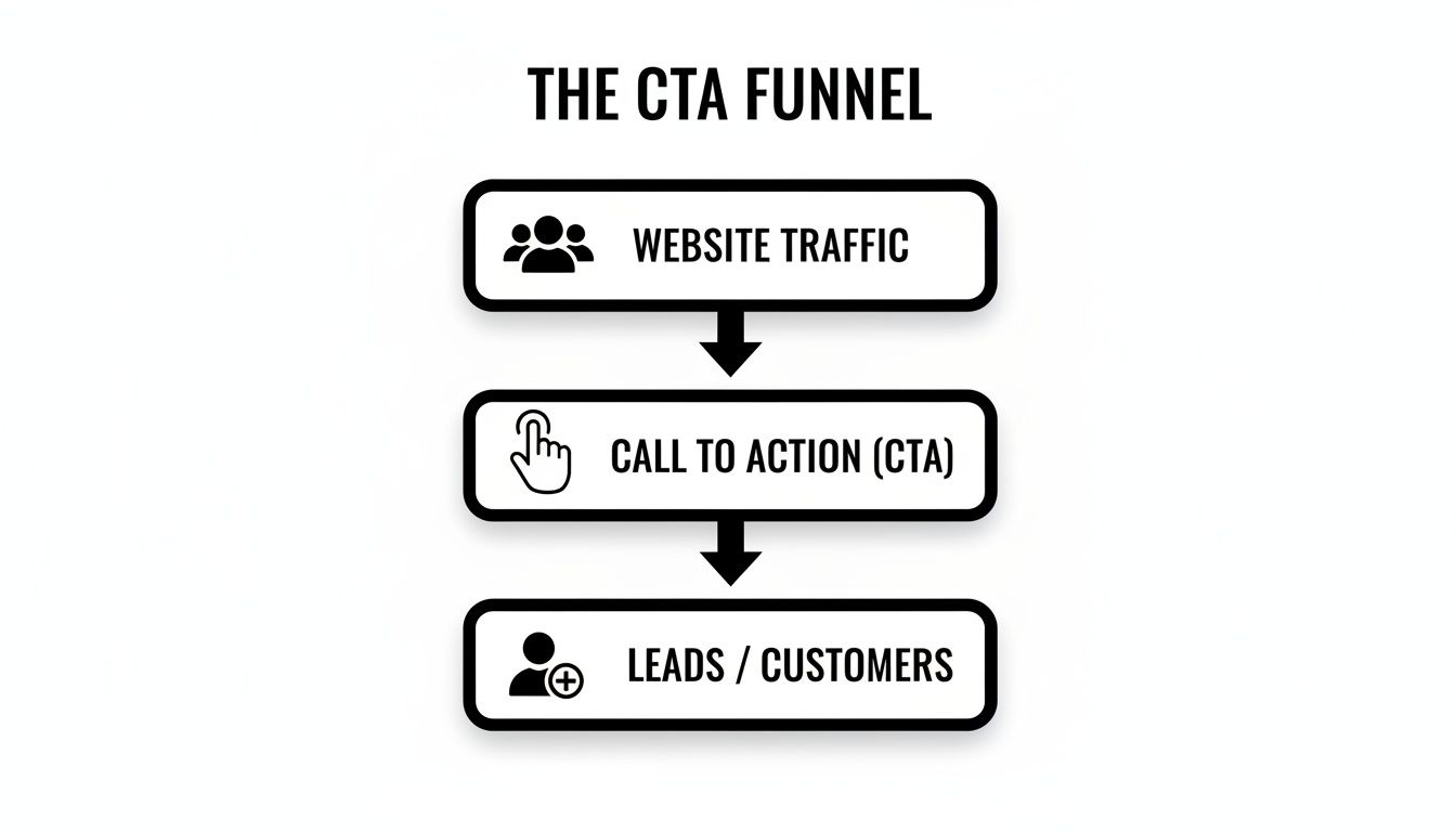 A flowchart illustrates the CTA funnel, detailing the progression from website traffic to call to action and then leads/customers.