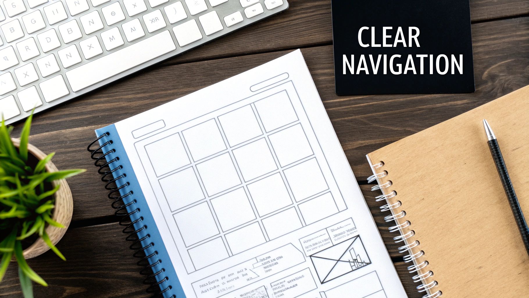 A desk flat lay showing a keyboard, plant, wireframe design notebook, and a 'CLEAR NAVIGATION' sign.