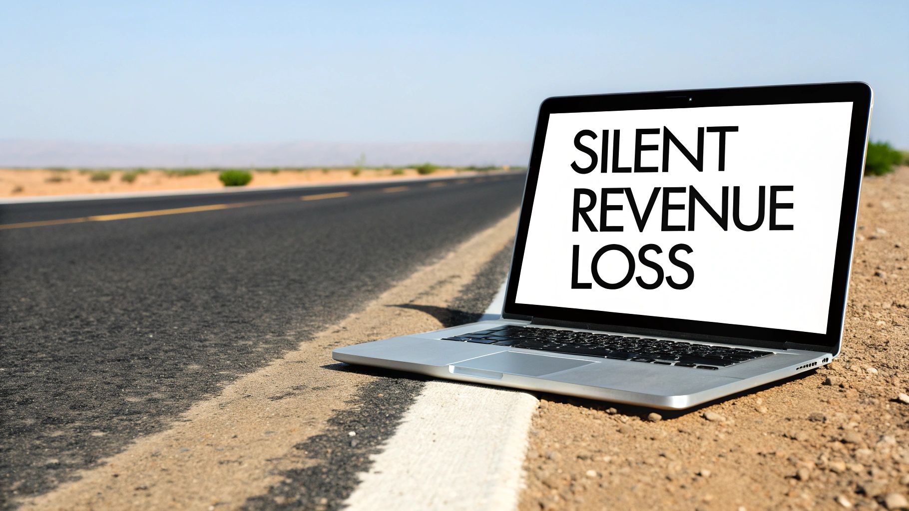 A laptop on the dusty roadside in a desert displays 'SILENT REVENUE LOSS' on its screen.