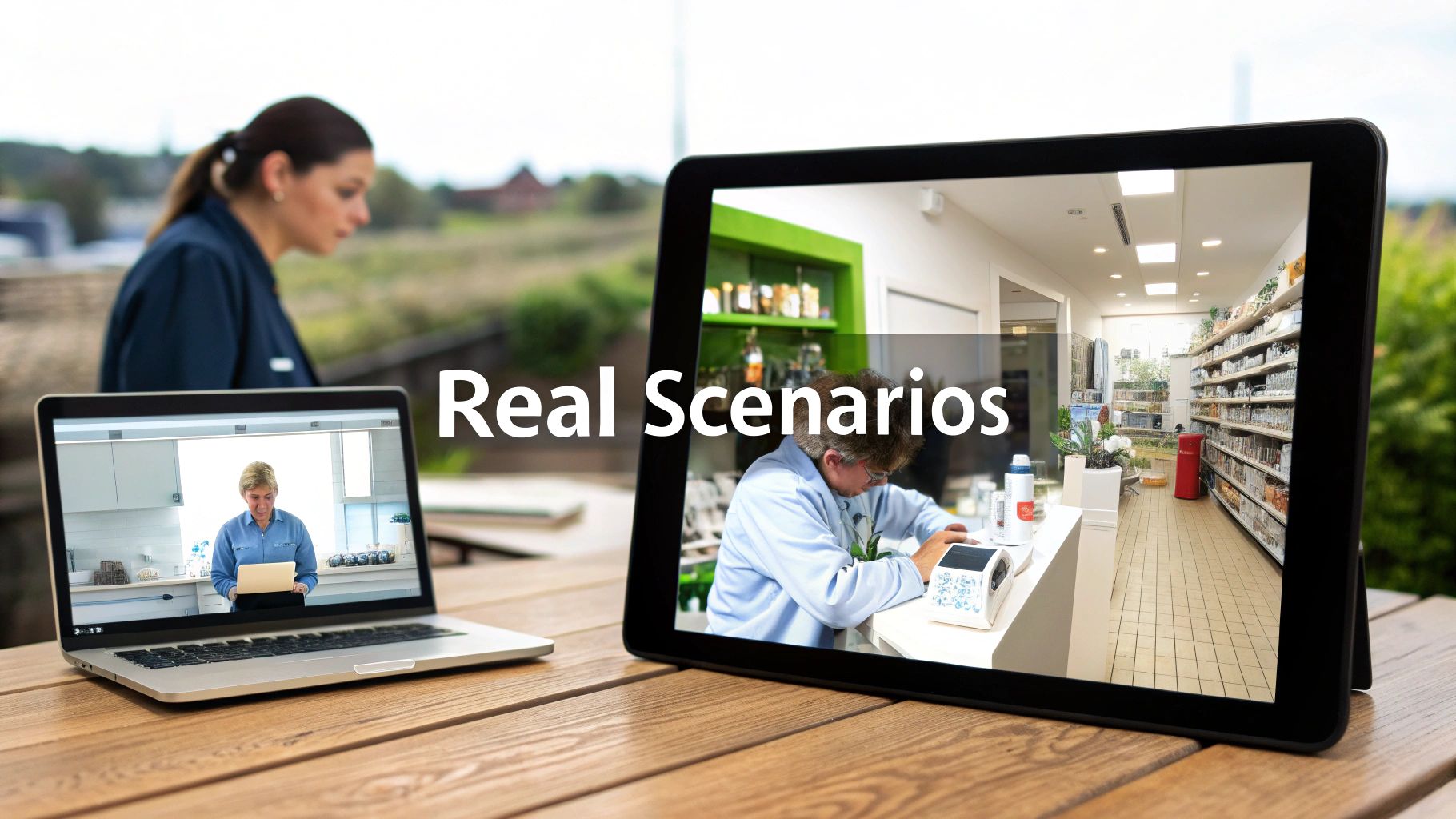 Digital devices displaying people working in real-world scenarios, with a blurred woman in the background.