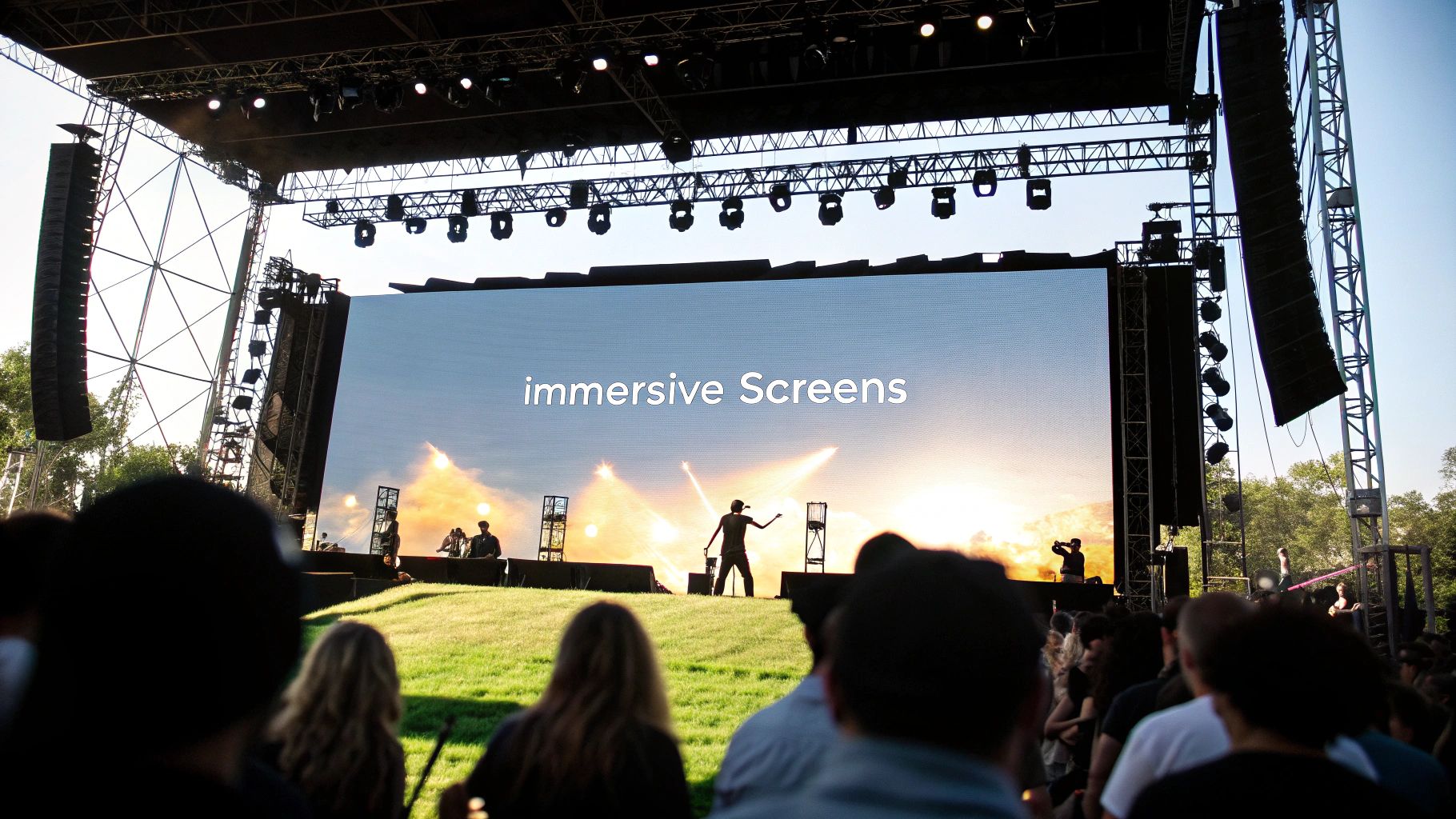 A Practical Guide to Using an LED Screen on Stage 1 A large outdoor LED screen displays 'immersive Screens' on a stage with an audience.