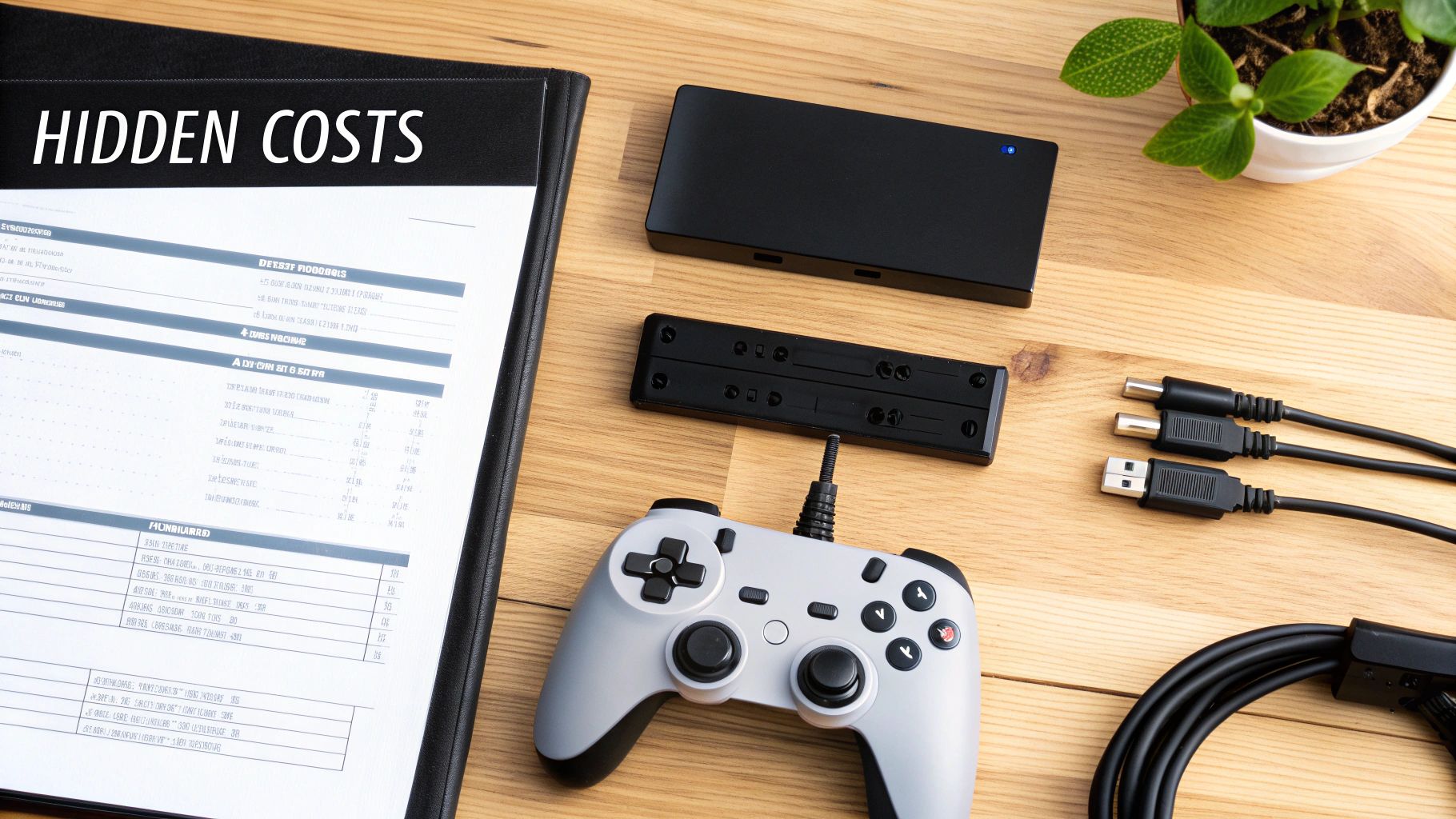 A flat lay shows gaming accessories, electronic devices, and cables on a wooden desk, next to a folder labeled 'HIDDEN COSTS'.
