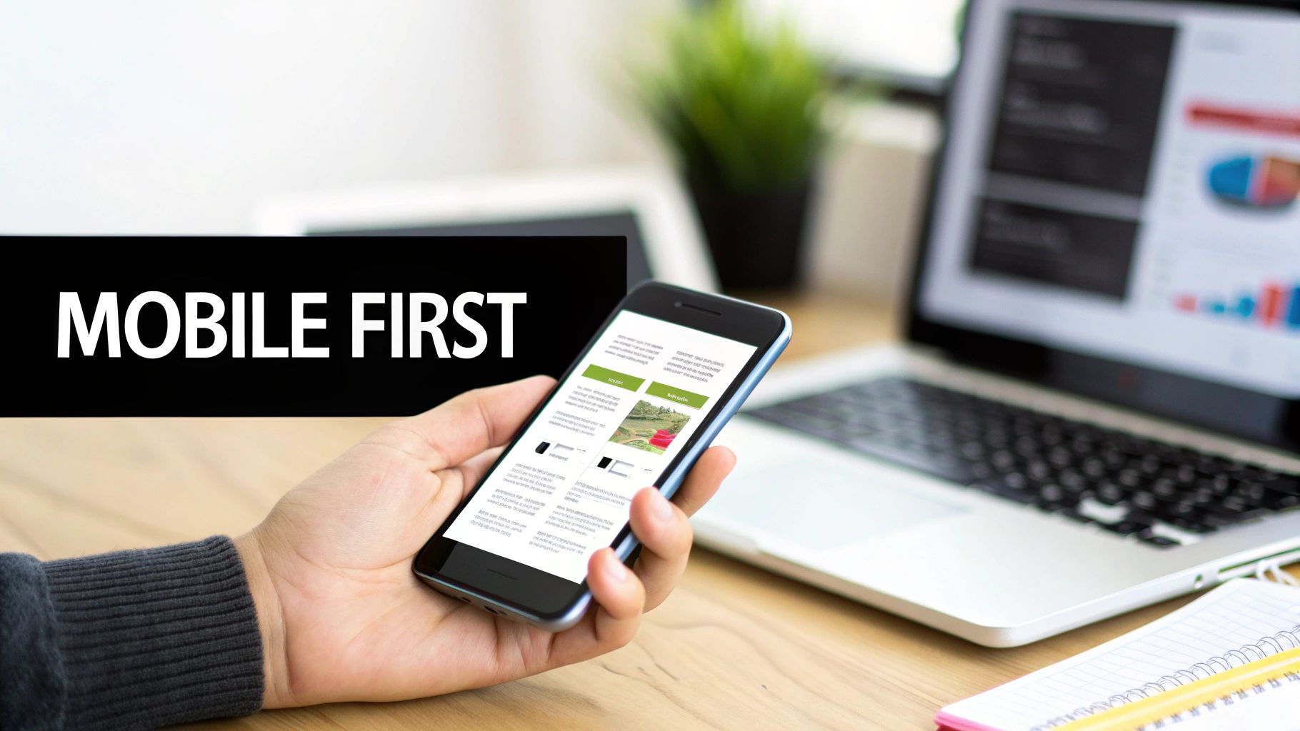 A hand holding a smartphone displaying a website, with 'MOBILE FIRST' text banner and a laptop in the background.