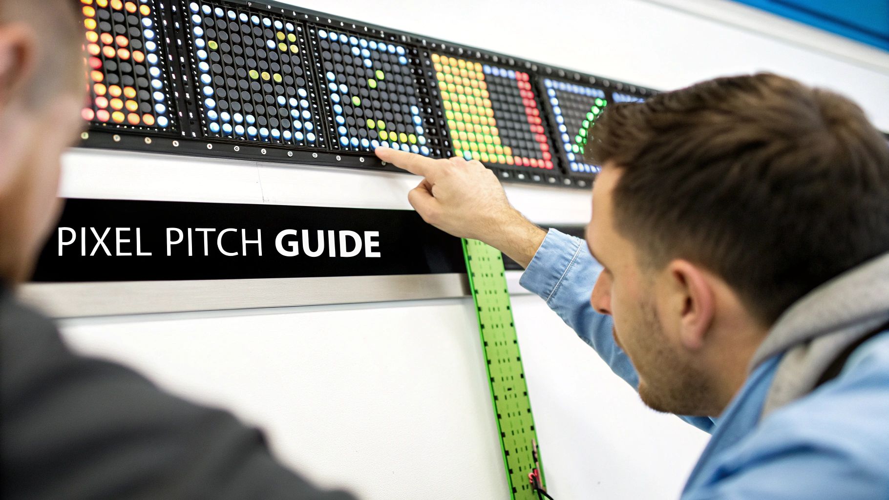 A Complete Guide to LED Stage Screen Technology 2 A man points at a vibrant LED display demonstrating different pixel pitches, with a 'Pixel Pitch Guide' sign.
