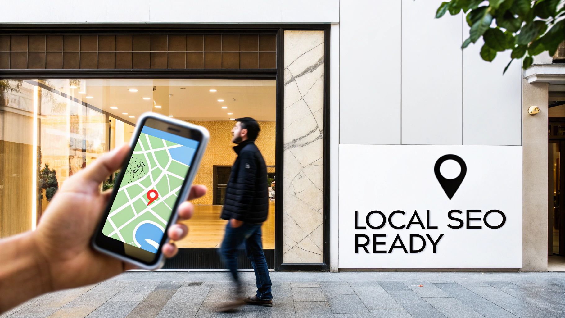 Hand holding a phone displaying a map with a location pin, near a 'LOCAL SEO READY' sign, highlighting local business visibility.