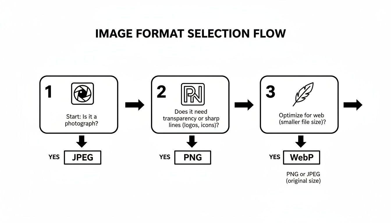 Flowchart for image format selection, guiding users to choose JPEG, PNG, or WebP.