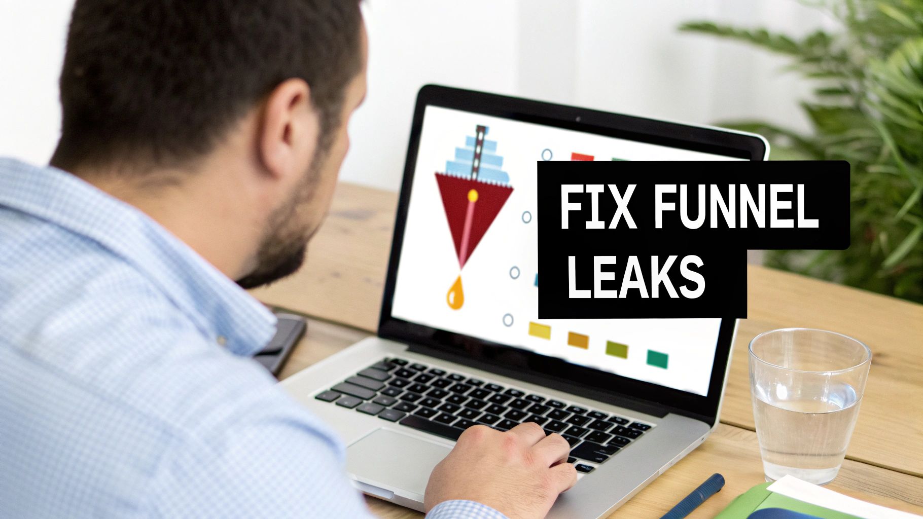 A man views a laptop screen displaying a funnel graphic with leaks and text 'FIX FUNNEL LEAKS'.