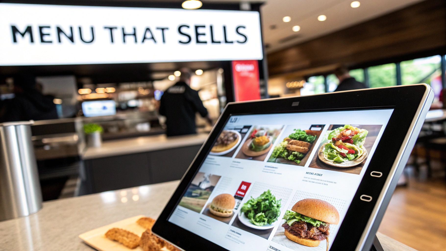 A close-up of a digital menu board showing vibrant food items.