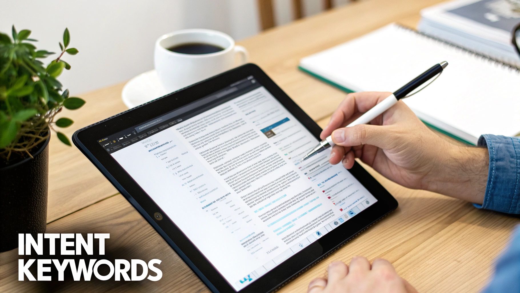 A person using a magnifying glass to inspect keywords on a laptop screen, symbolizing keyword research for SEO.