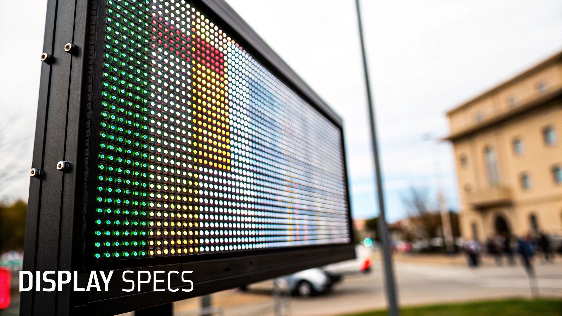 An outdoor LED display panel showcasing vibrant pixel patterns, with 'DISPLAY SPECS' visible.
