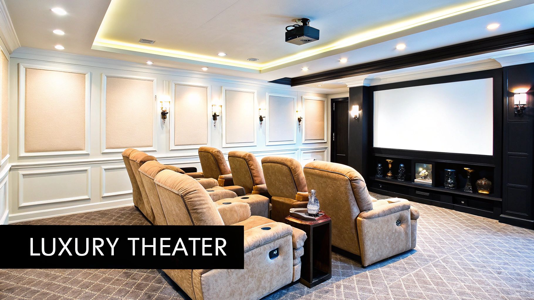 A luxurious home theater with comfortable beige recliners, a large projector screen, and ambient lighting.