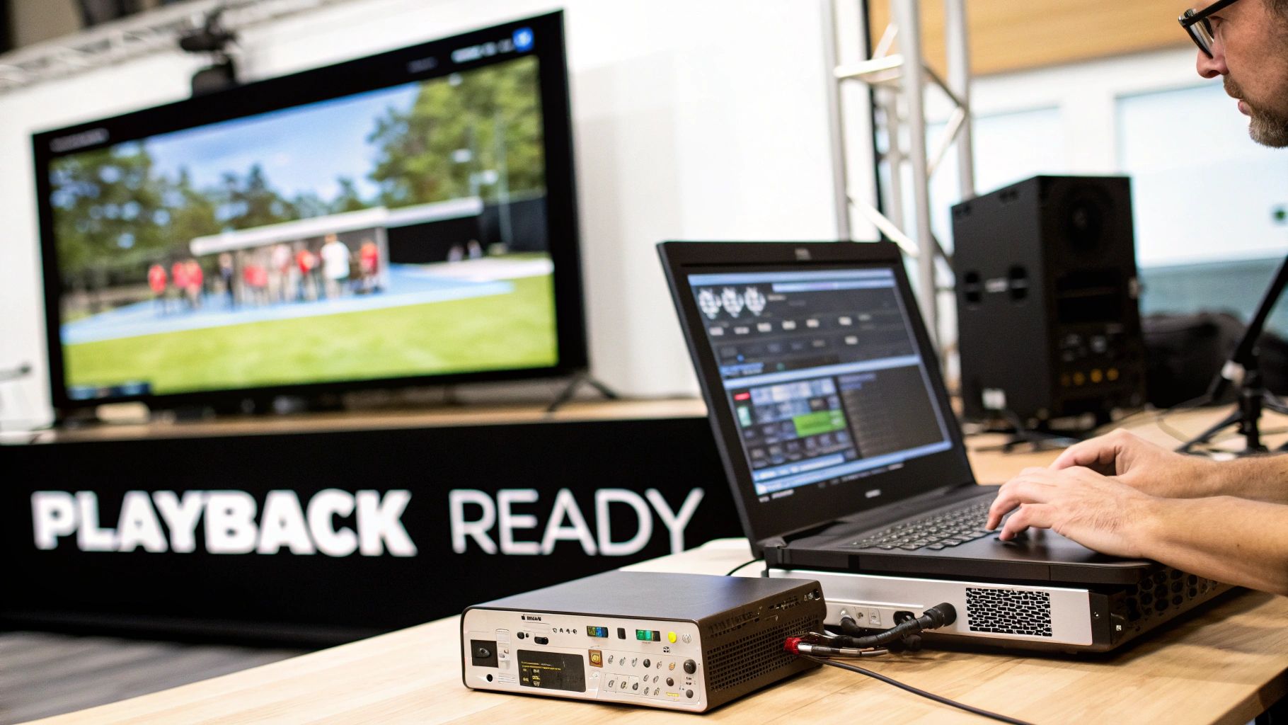 A Practical Guide to Choosing Displays for Shows 4 A person operates a laptop connected to professional playback equipment, with a large TV displaying content and a 'PLAYBACK READY' sign.