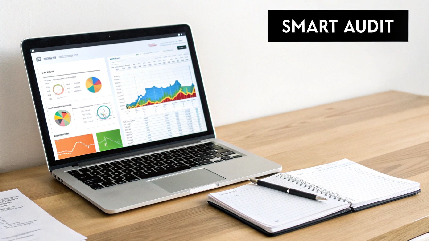 A laptop displaying data analysis graphs and charts on a wooden desk with a notebook and pen, and 'SMART AUDIT' text.