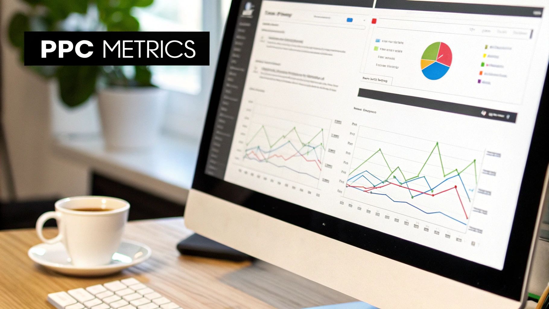 A computer screen displaying various PPC metrics, line graphs, and a pie chart, next to a coffee cup on a wooden desk.