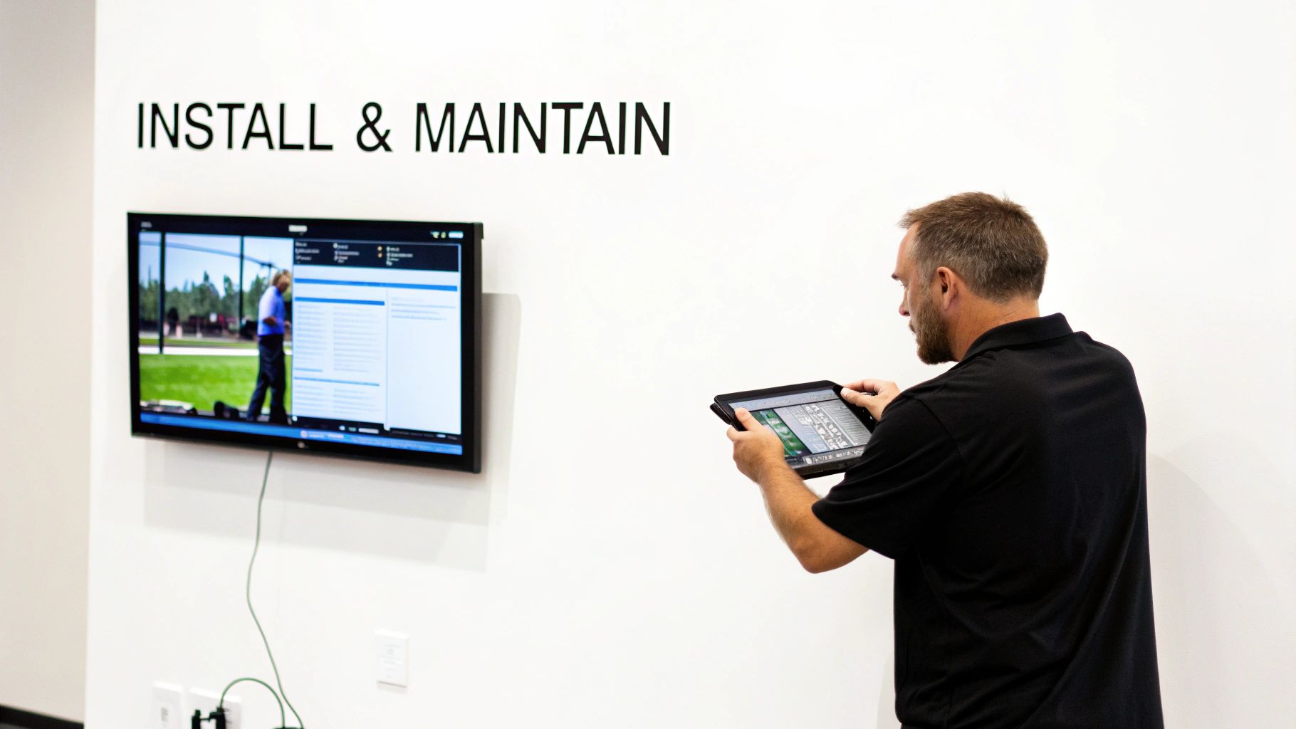 A Complete Guide to Digital LED Signage 4 A man uses a tablet to control a digital screen displaying golf content, next to 'INSTALL & MAINTAIN' text.