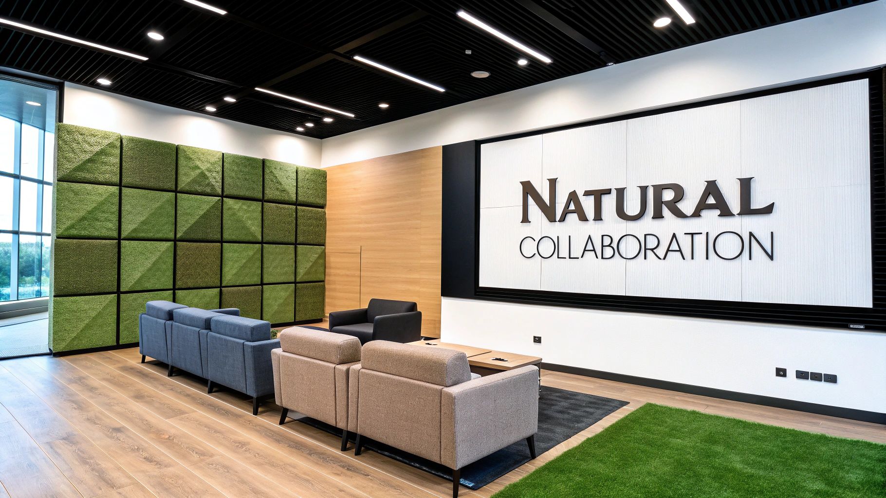 Modern lounge area with green acoustic panels, comfortable sofas, and a screen displaying 'NATURAL COLLABORATION'.