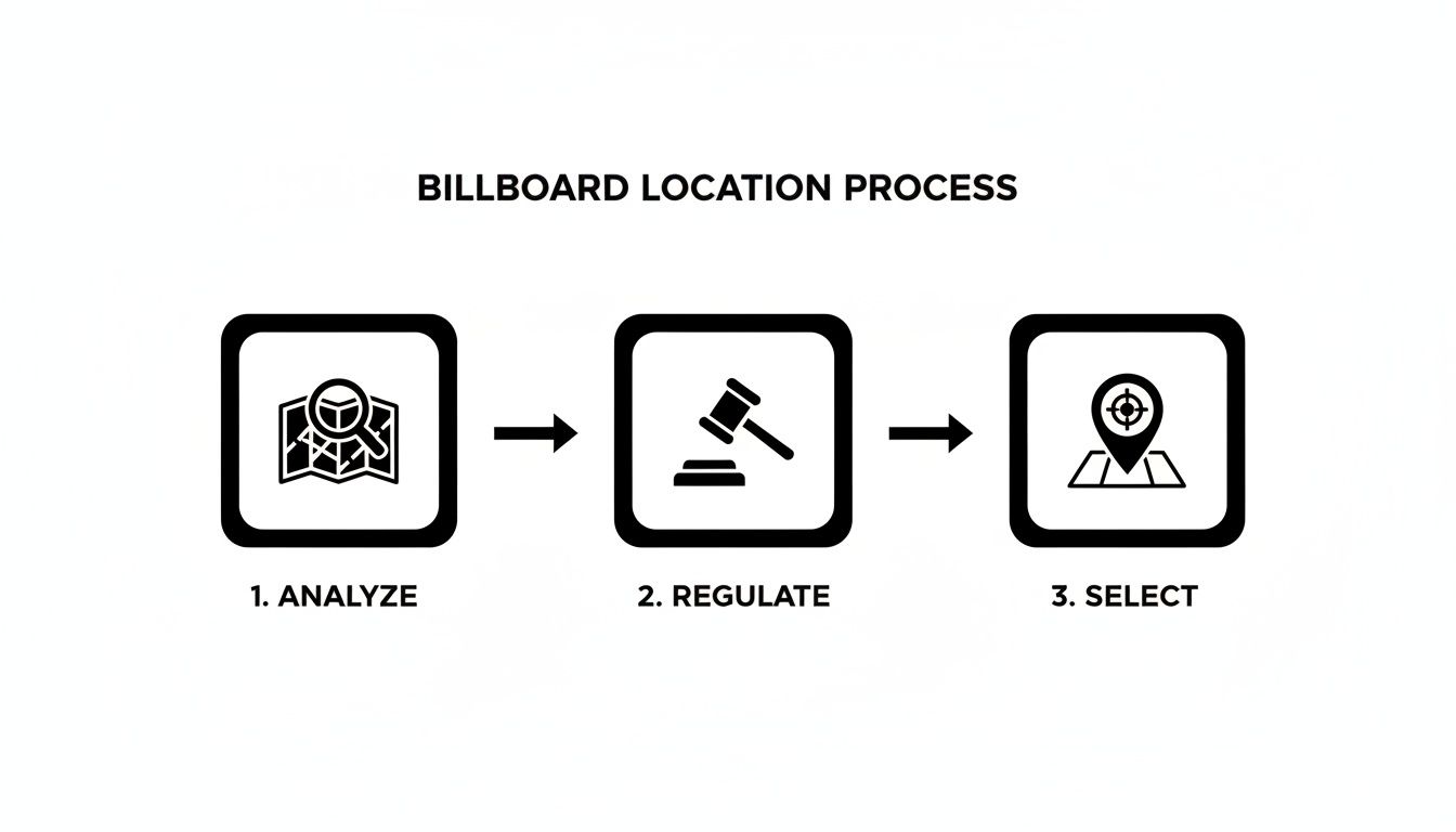 Flowchart illustrating the three-step billboard location process: analyze, regulate, and select.