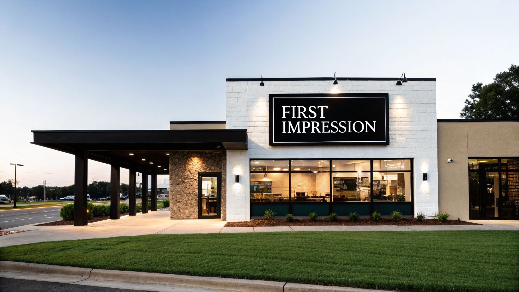 Modern restaurant exterior with illuminated First Impression sign and large windows at dusk