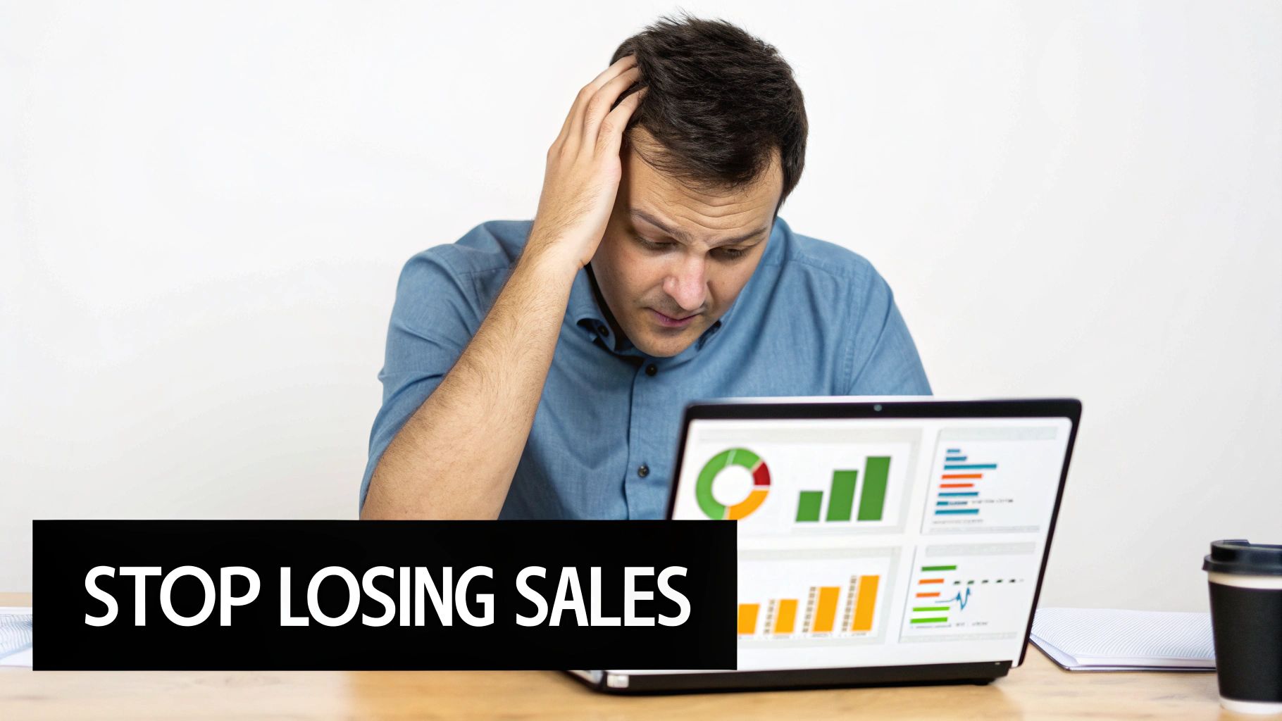 A frustrated man looking at sales data on a laptop screen with charts, next to 'STOP LOSING SALES' text.