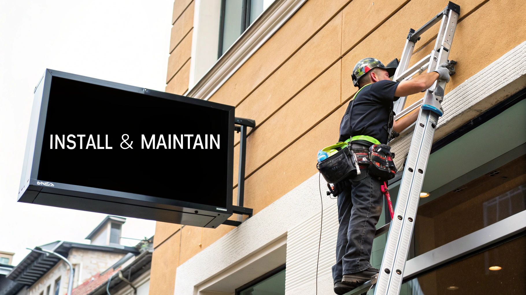A worker on a ladder installs an outdoor digital signage display with 'INSTALL & MAINTAIN' text.