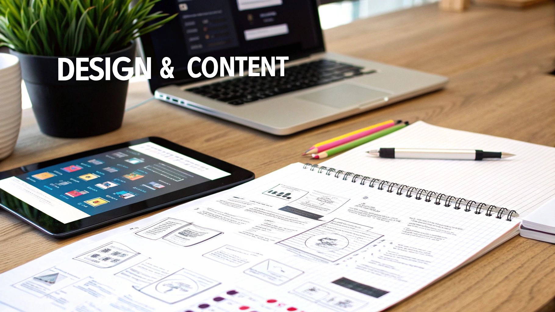 A creative workspace with a laptop, tablet, notebook, and design sketches, indicating design and content creation.