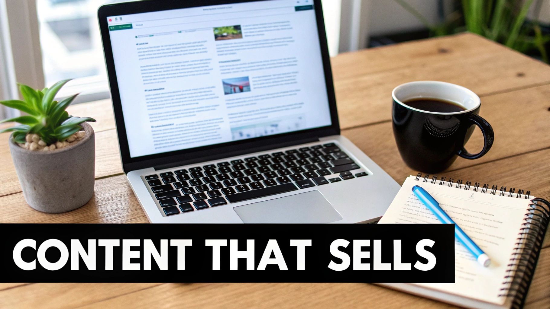 A laptop on a wooden desk displaying a web page, next to a plant, coffee mug, and notebook with a pen.