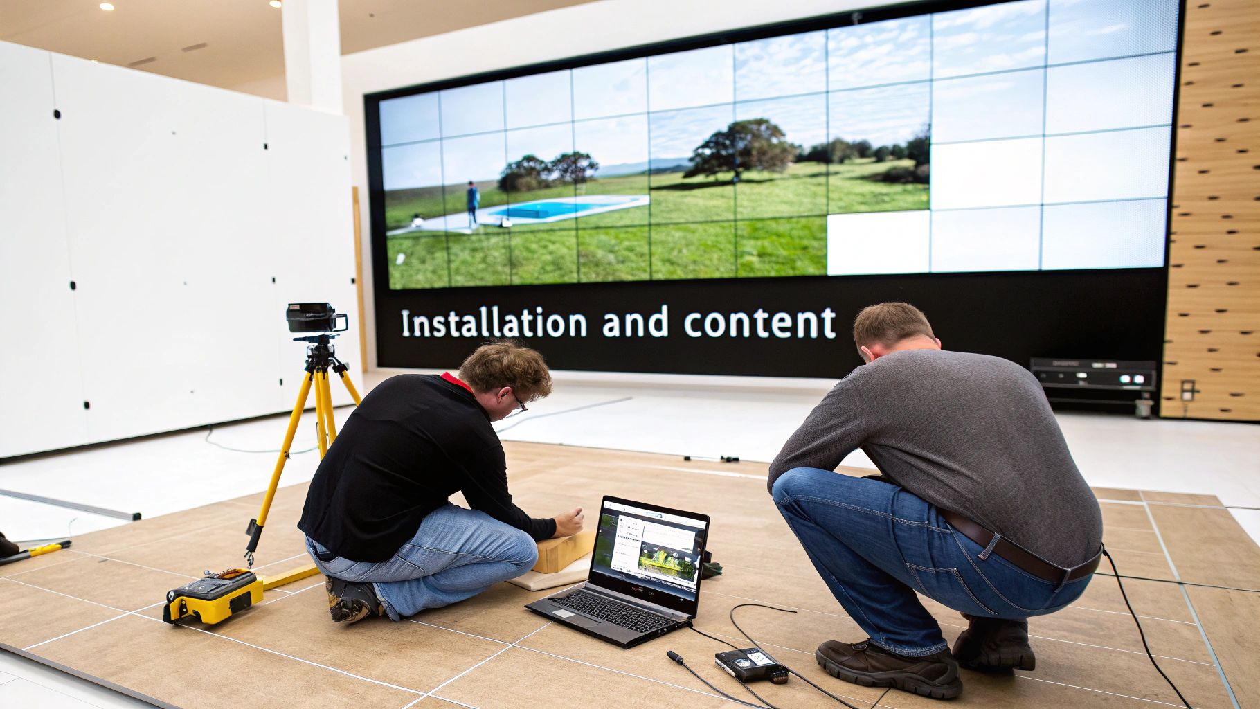 Two technicians install and calibrate a large video wall display with a laptop and camera.