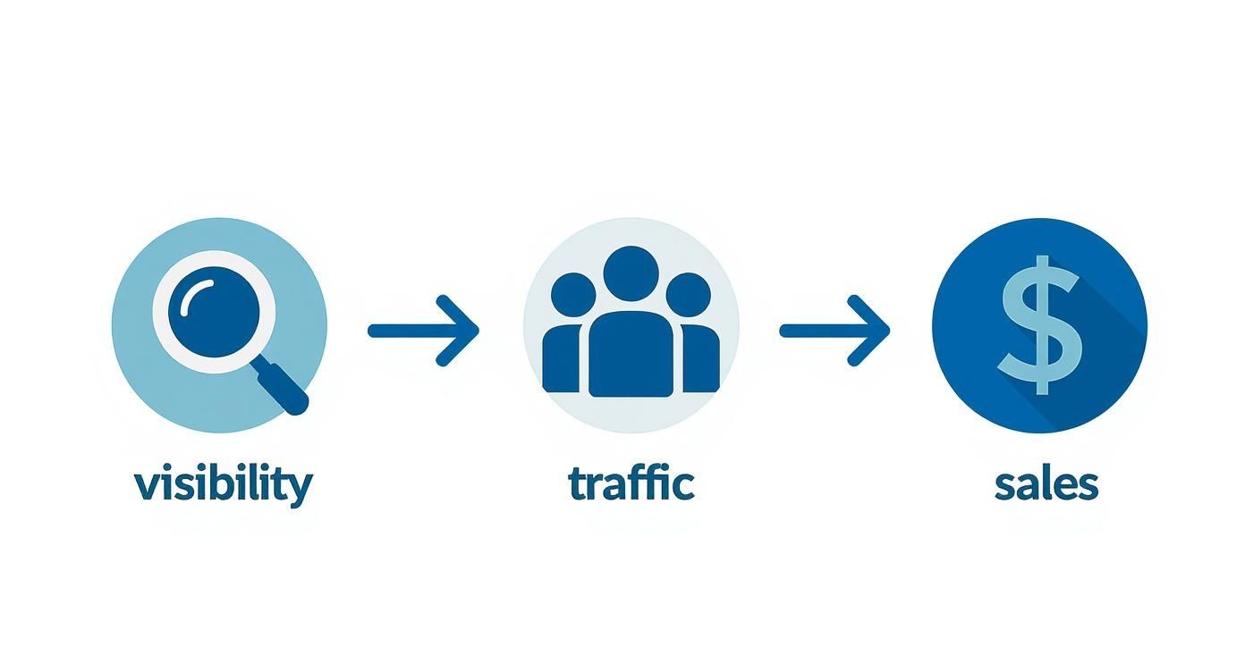 Infographic showing the process flow of SEO benefits from visibility, to traffic, to sales.