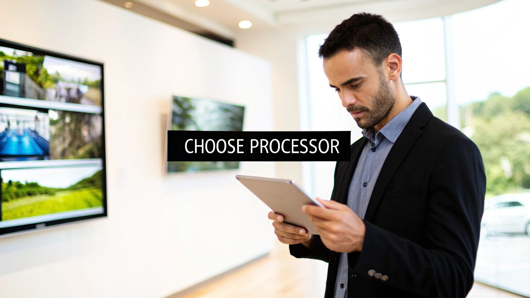 A person inspecting a large video wall display