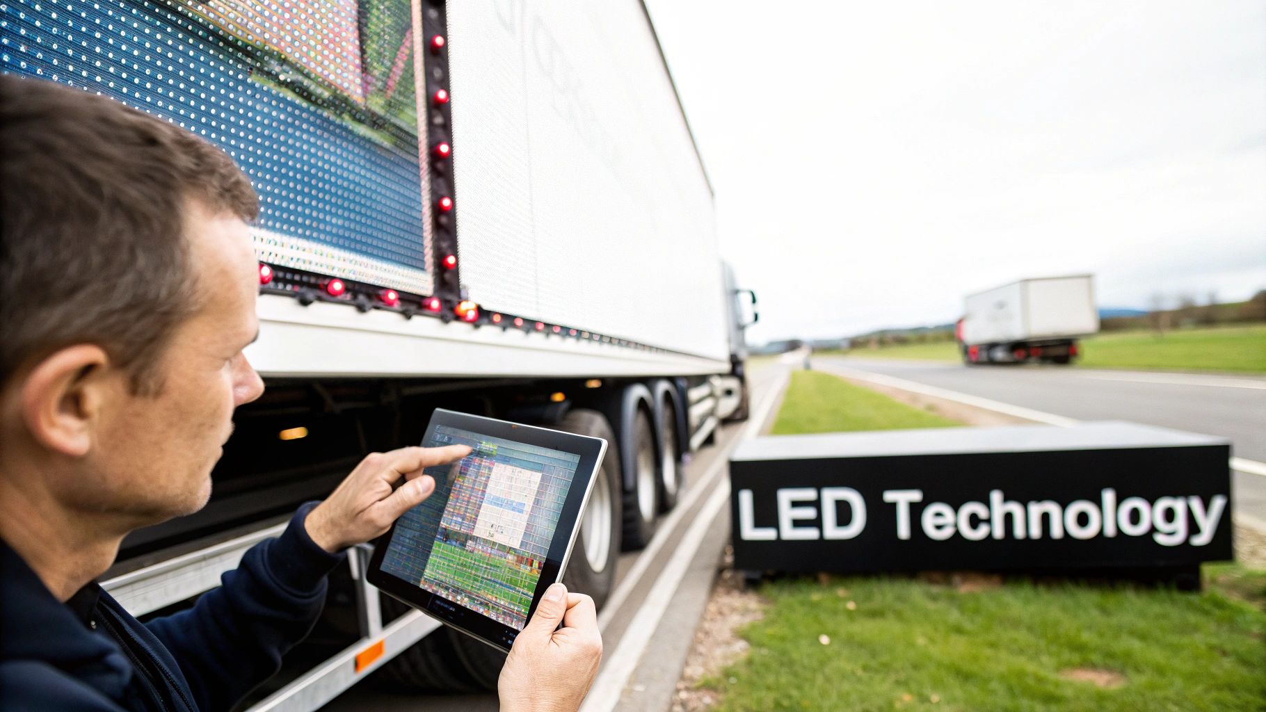Digital Billboard Truck: Boost Your Campaign with Mobile Ads 2 Man operates a tablet to control a large truck-mounted digital LED billboard screen on a roadside.