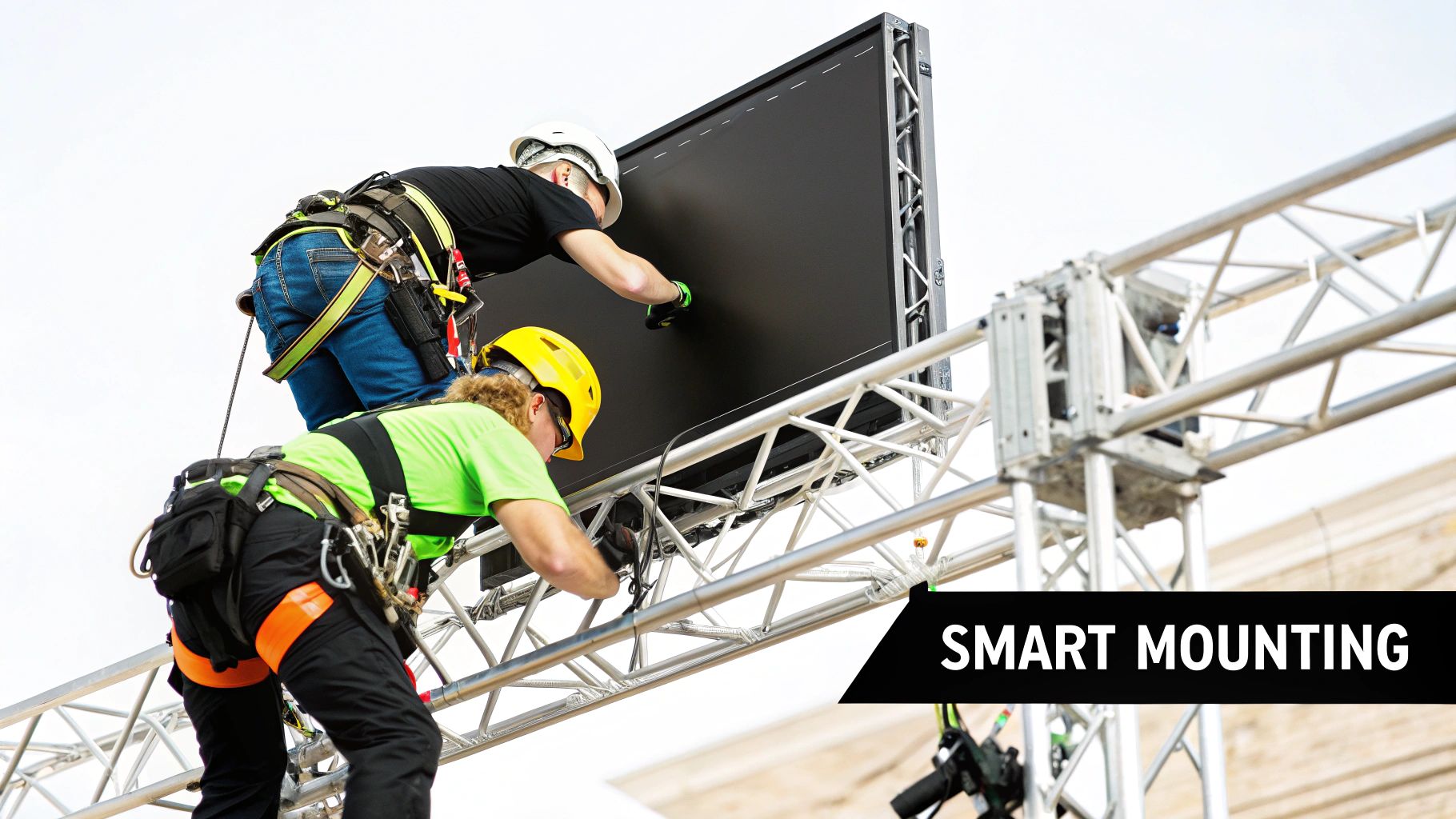 Your Guide to the Best LED Panel for Video 4 Technicians installing a large LED video wall in a modern venue.