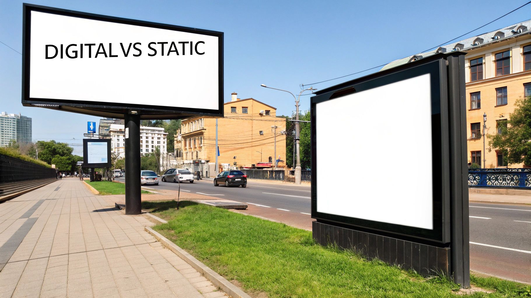 Outdoor advertising scene with two billboards, one highlighting 'DIGITAL VS STATIC', and a smaller digital screen on a city street.
