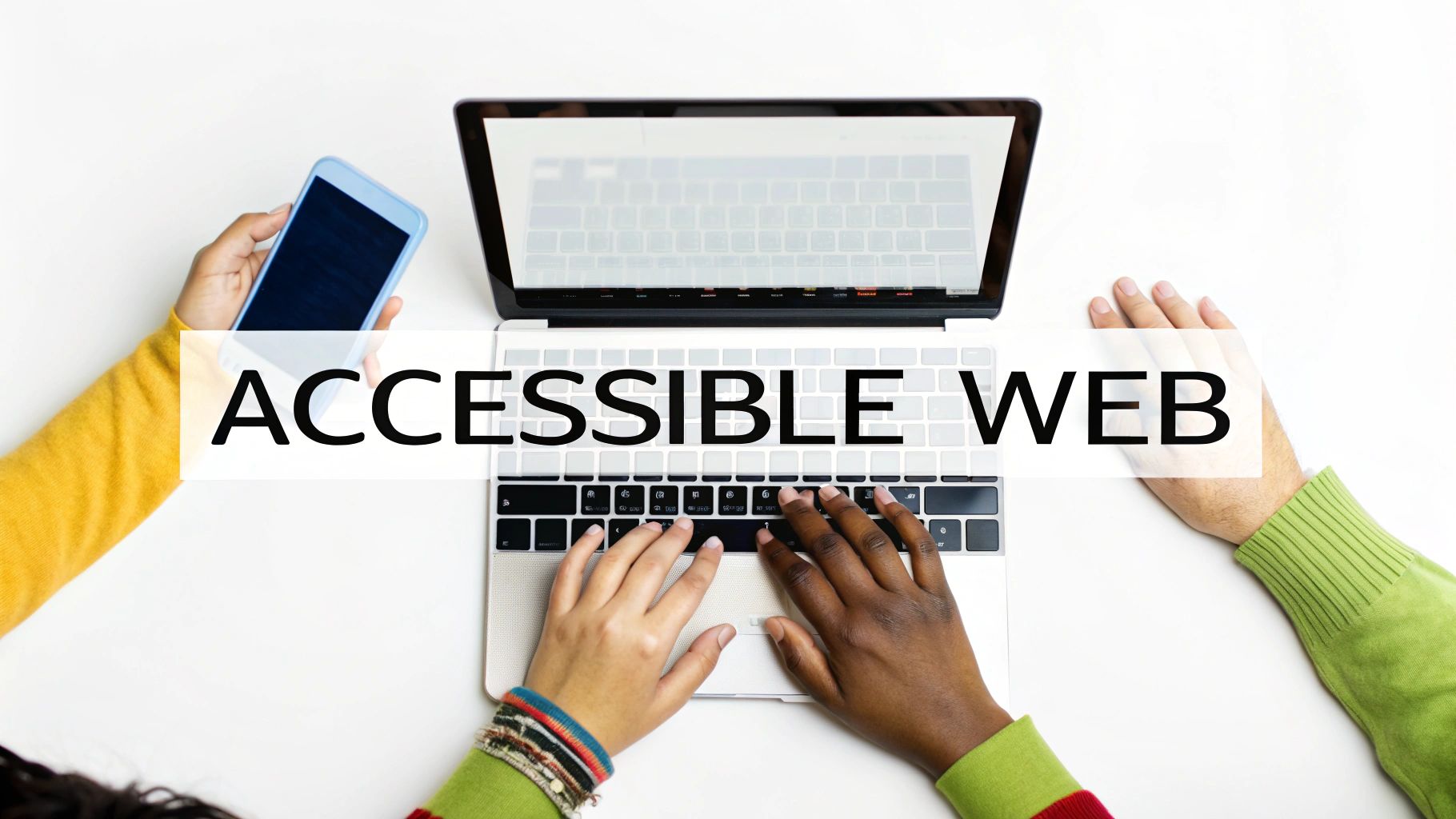 Diverse hands typing on a laptop and holding a smartphone, with 'ACCESSIBLE WEB' text overlaid.