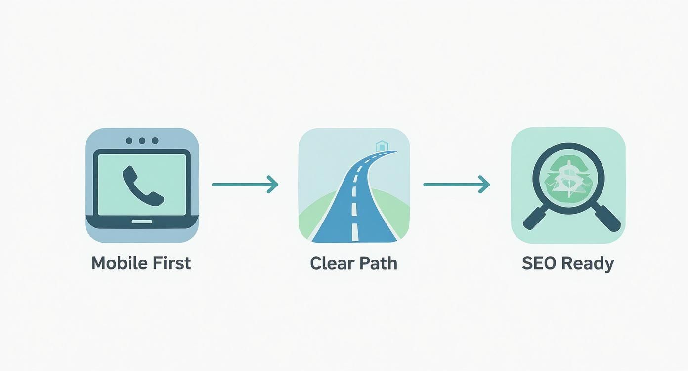 Flowchart illustrating a mobile-first approach, leading to a clear path, and ultimately becoming SEO ready for business growth.