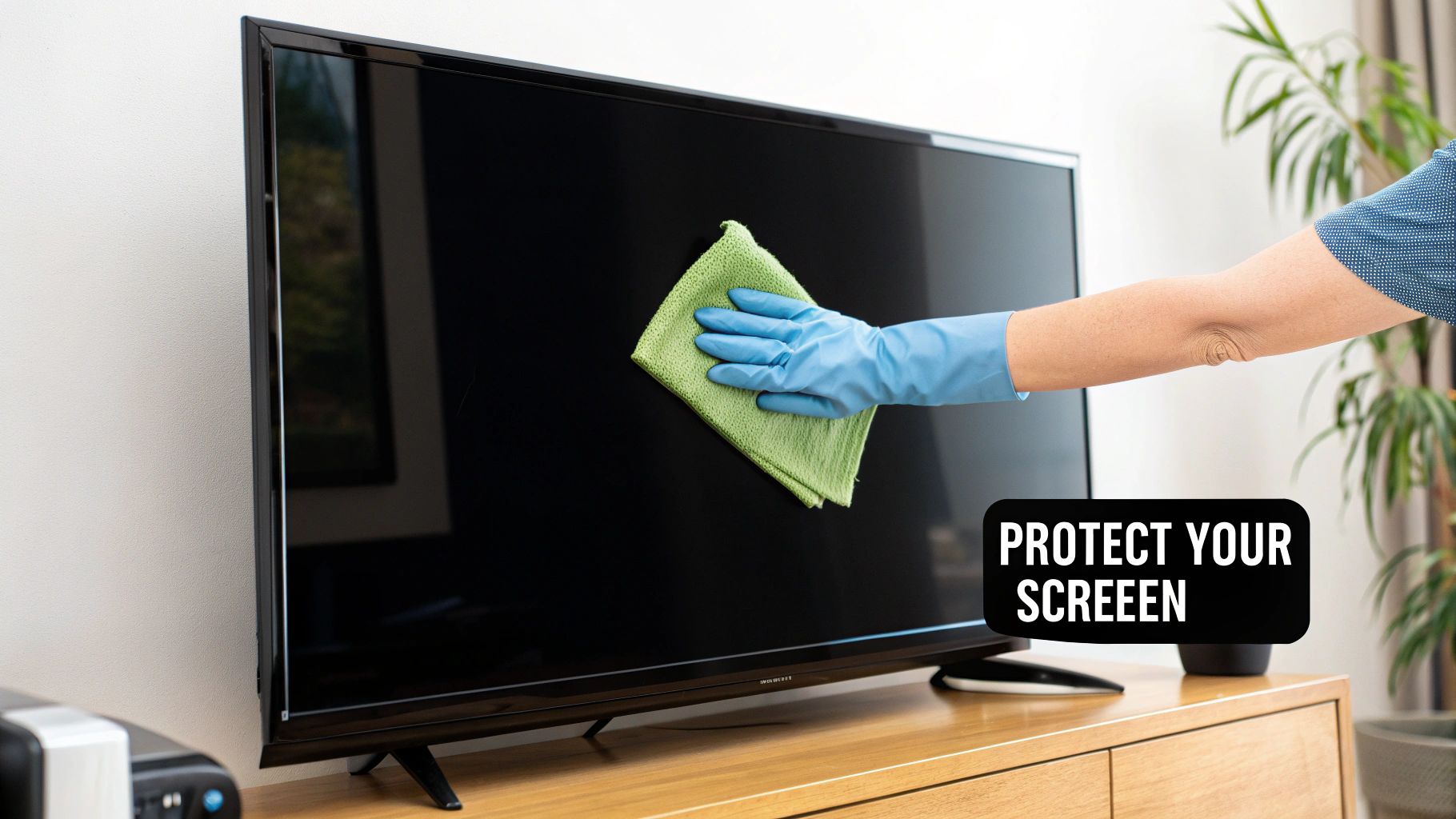 The Definitive Guide to Cleaning LED Screens 1 A person gently cleaning an LED display screen with a blue microfiber cloth.