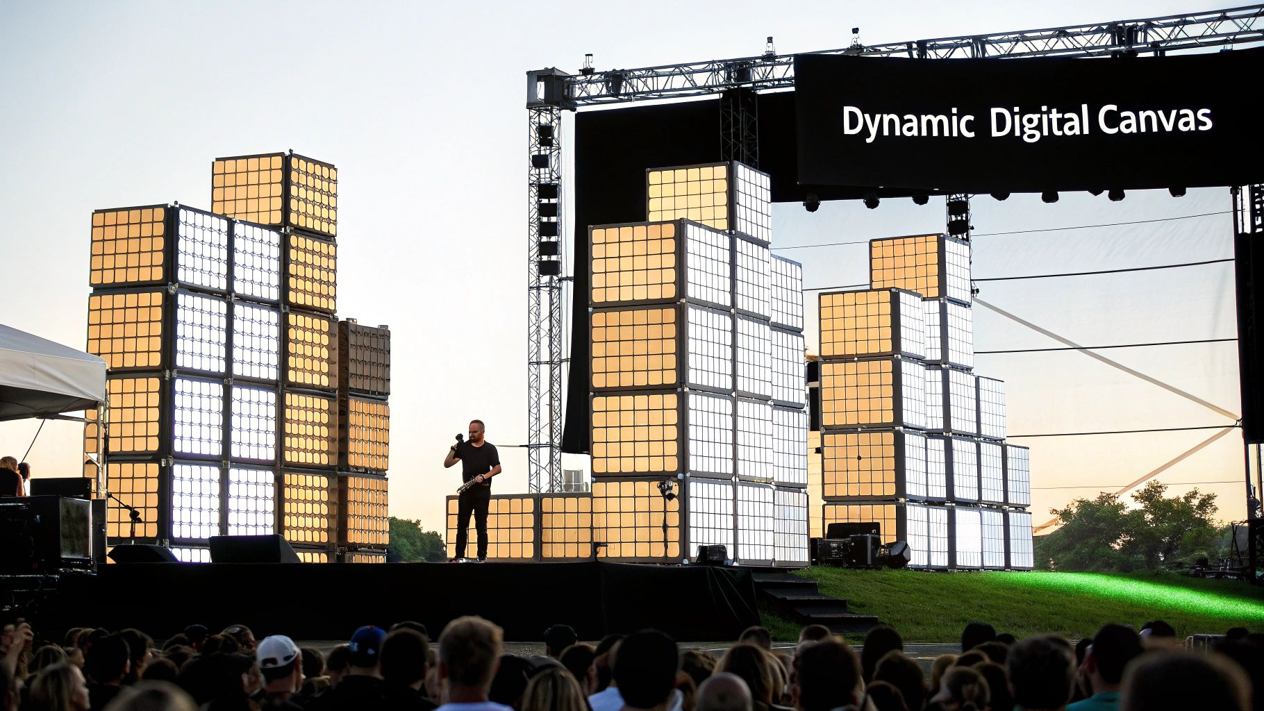 A Complete Guide to LED Stage Screen Technology 1 An outdoor stage featuring a performer, stacked LED cube screens, and a 'Dynamic Digital Canvas' display.