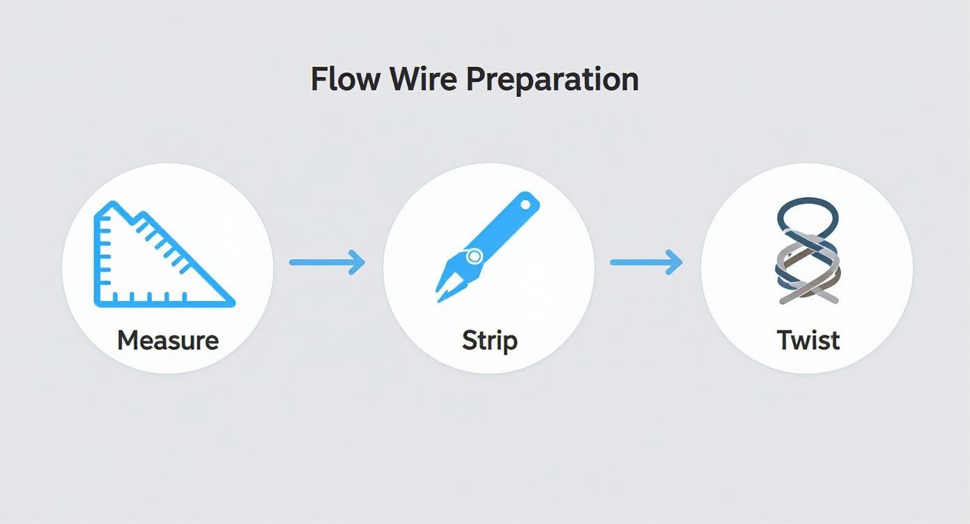Flowchart illustrating three steps for wire preparation: Measure, Strip, and Twist, with corresponding icons.