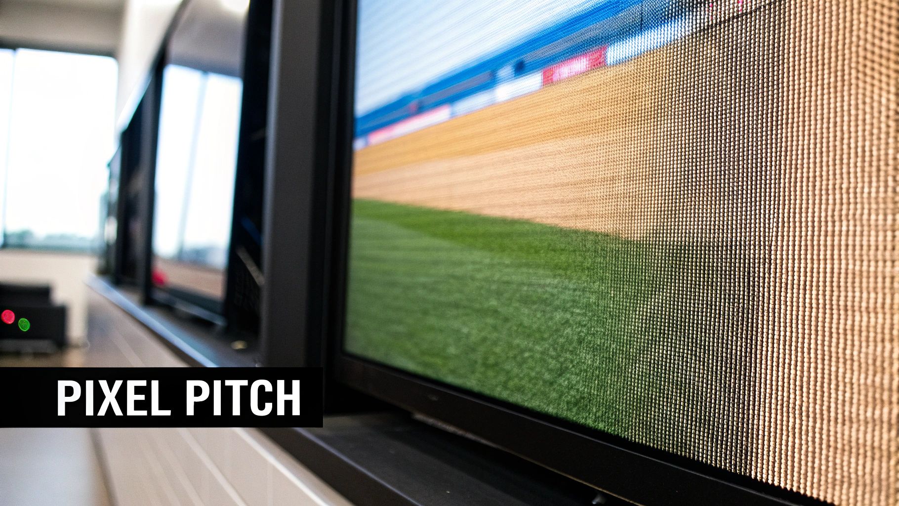 Video Wall Displays: A Complete Guide to Specs, Technology, and Setup 2 A close-up view of a large LED video wall displaying a baseball field, showing visible pixels.