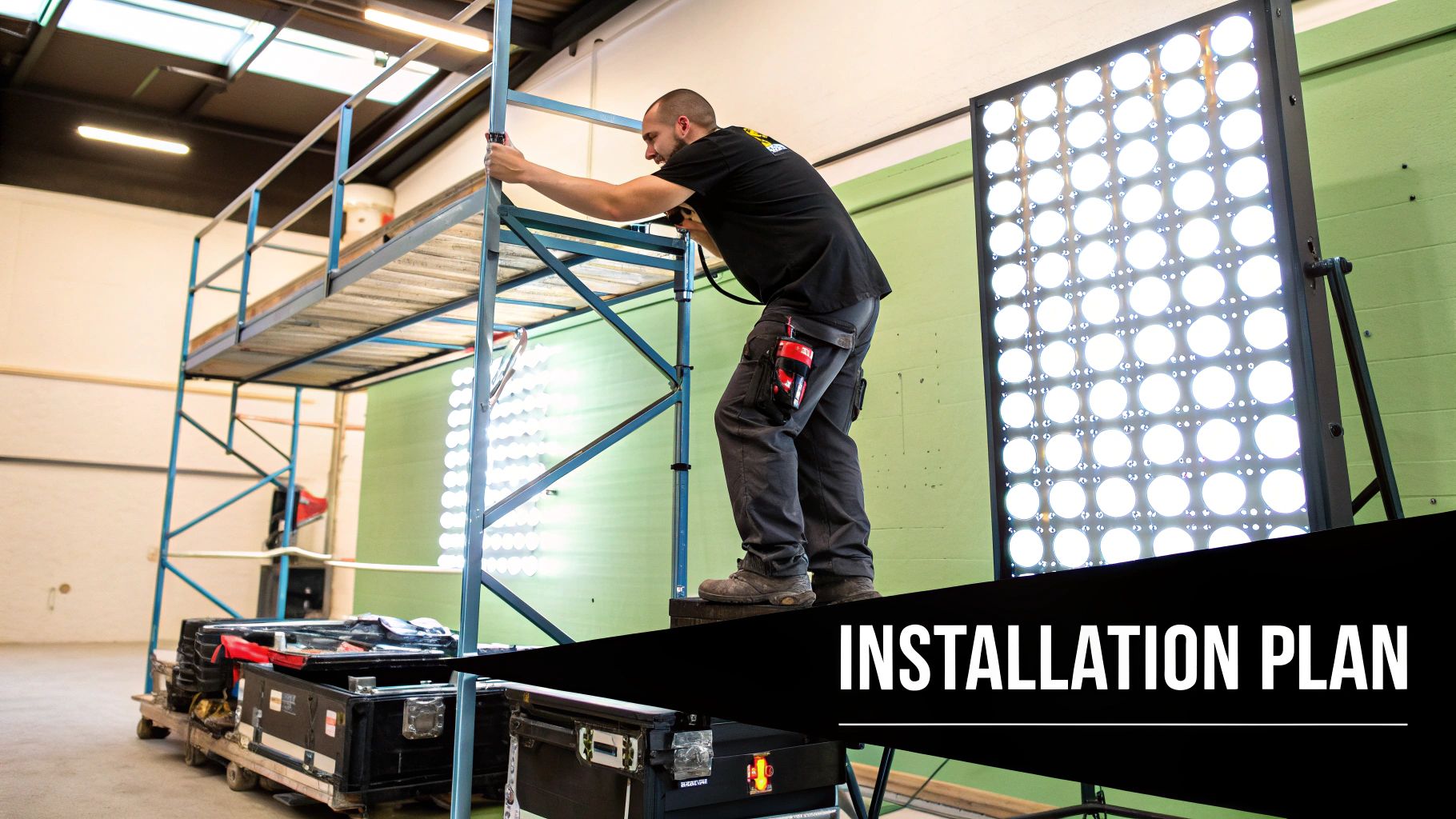Led Light Wall Panels: led light wall panels Guide to Transform Your Space 3 A worker assembling scaffolding next to a large, bright LED light panel for an installation.
