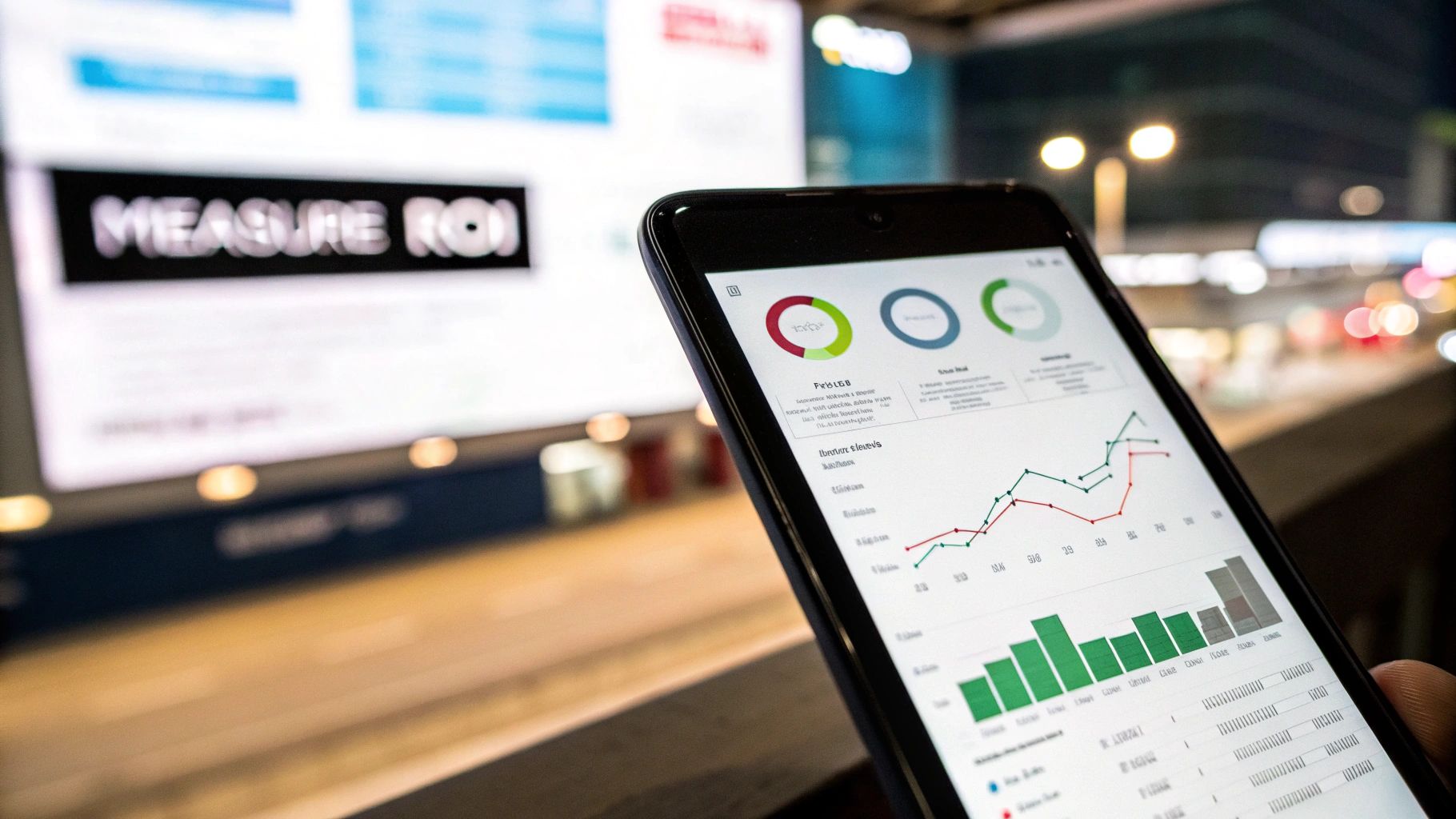 led billboard advertising rates: A Clear Cost Guide 4 A person pointing at a tablet showing analytics graphs, with a city billboard in the background, symbolizing ROI measurement.