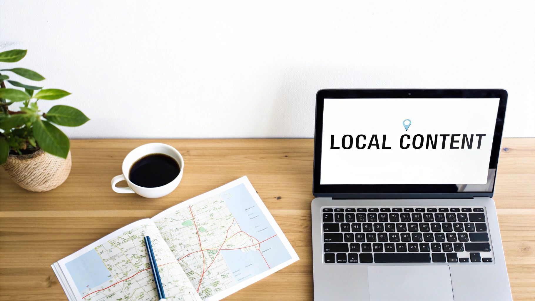 A workspace with a laptop displaying 'LOCAL CONTENT' and a map, along with a cup of coffee and a plant.