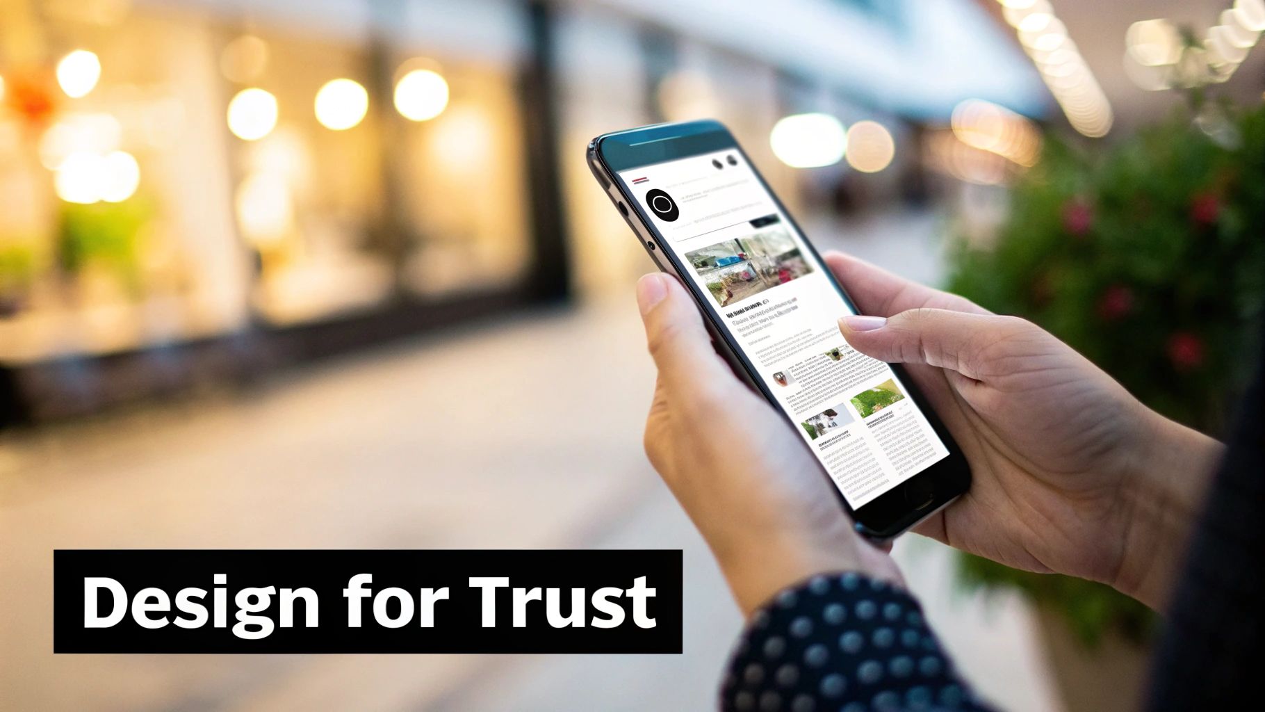 Close-up of hands holding a smartphone displaying web content, with a 'Design for Trust' text overlay.