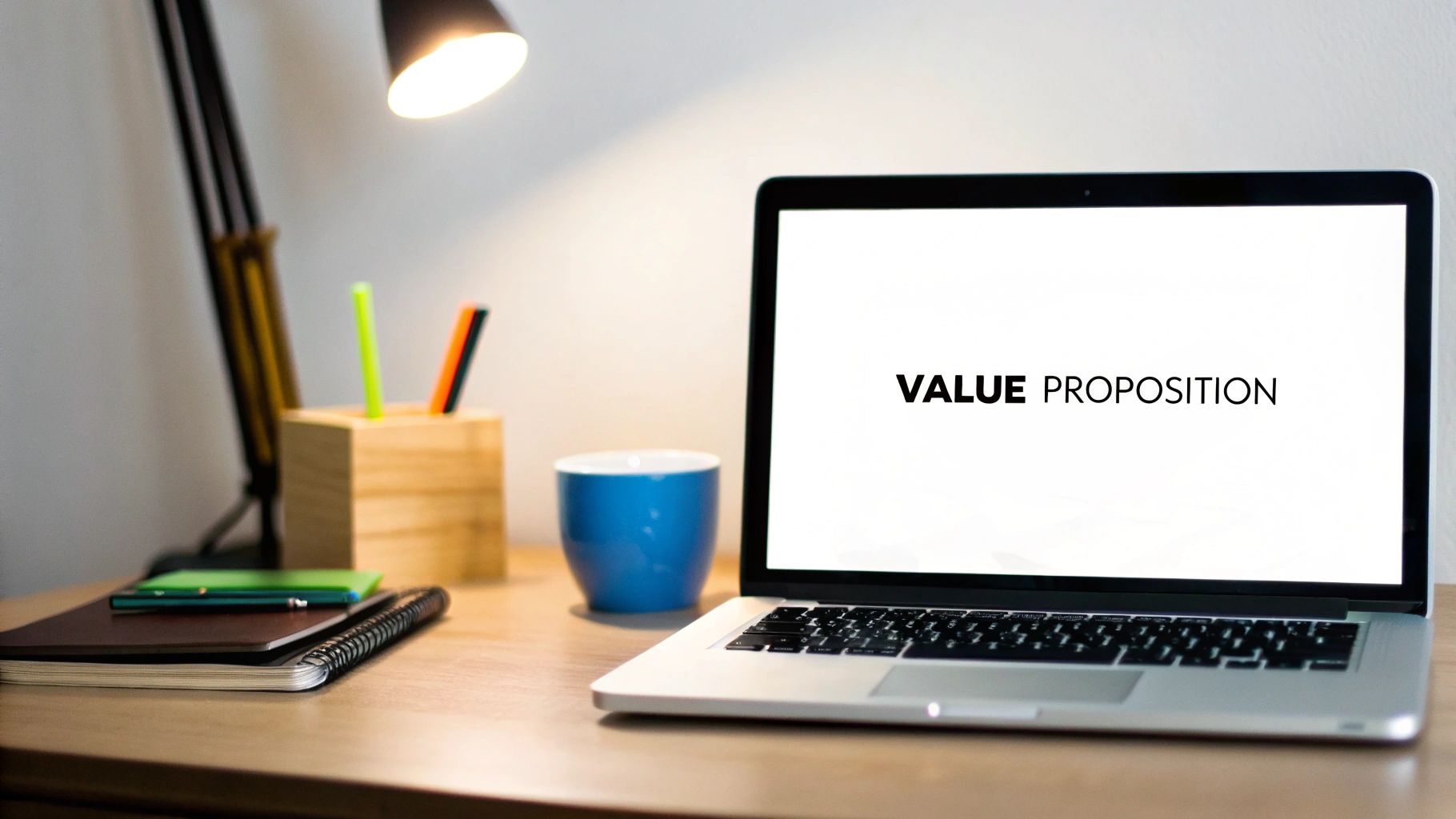 A brightly lit desk workspace with a laptop displaying 'VALUE PROPOSITION', a lamp, pens, and notebooks.
