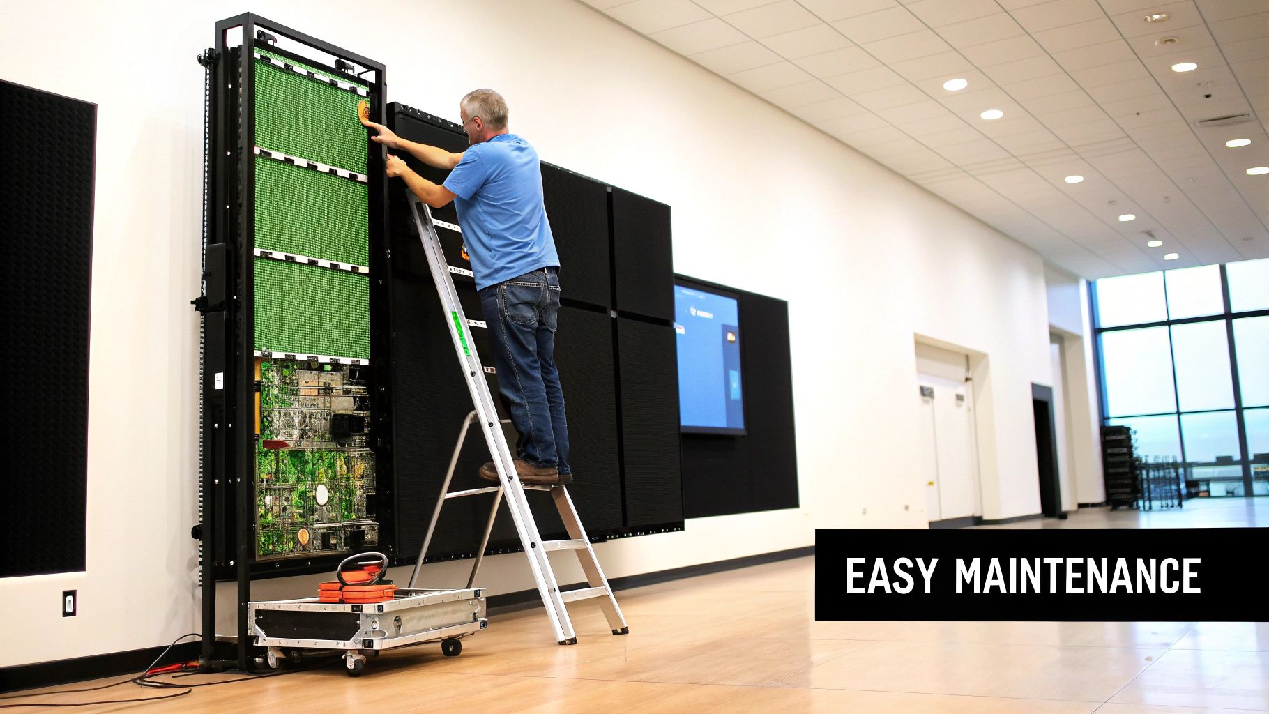 Technician on a ladder performing maintenance on a large modular video wall display.
