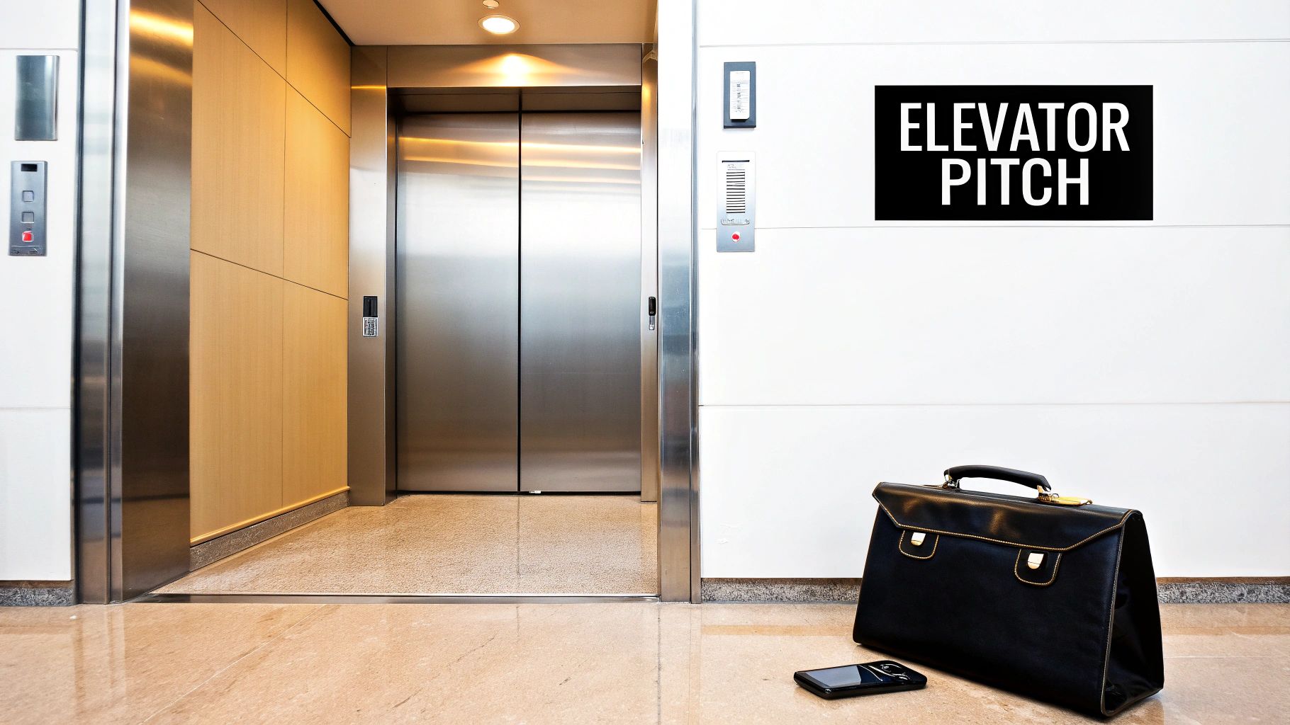 A professional setting with an elevator, a briefcase, a smartphone, and an "ELEVATOR PITCH" sign.