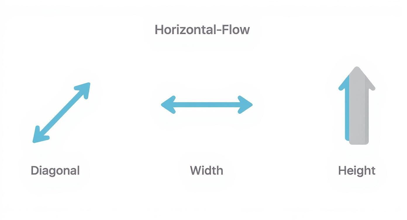 How to Measure a TV Screen the Right Way 2 Diagram illustrating diagonal, width, and height measurements with corresponding directional arrows.