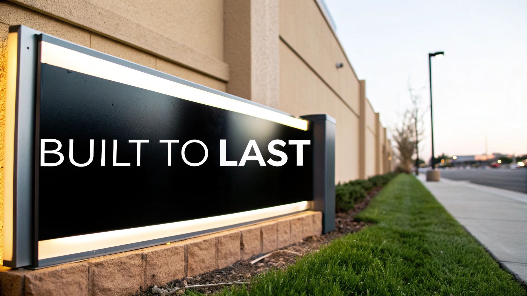 Modern illuminated black monument sign with Built to Last text mounted on building exterior wall