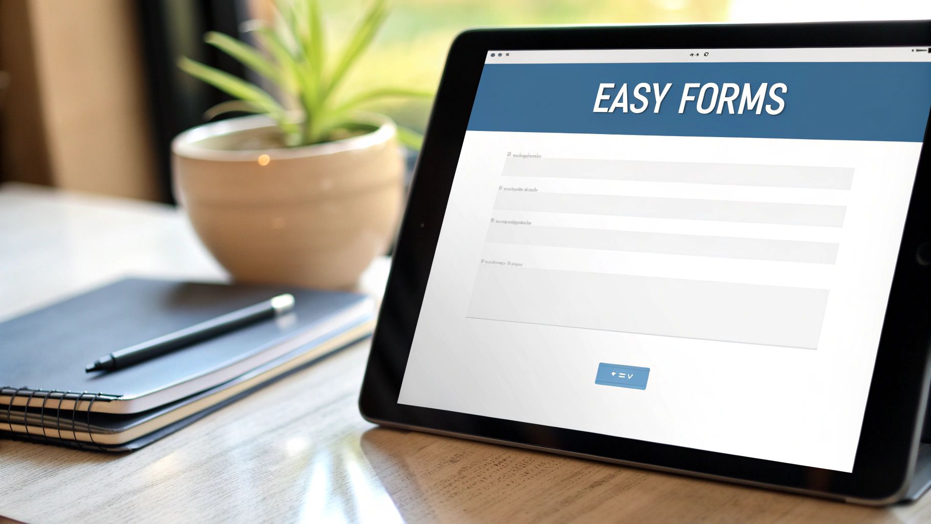 Close-up of a tablet displaying 'Easy Forms' on a desk with a notebook, pen, and potted plant.