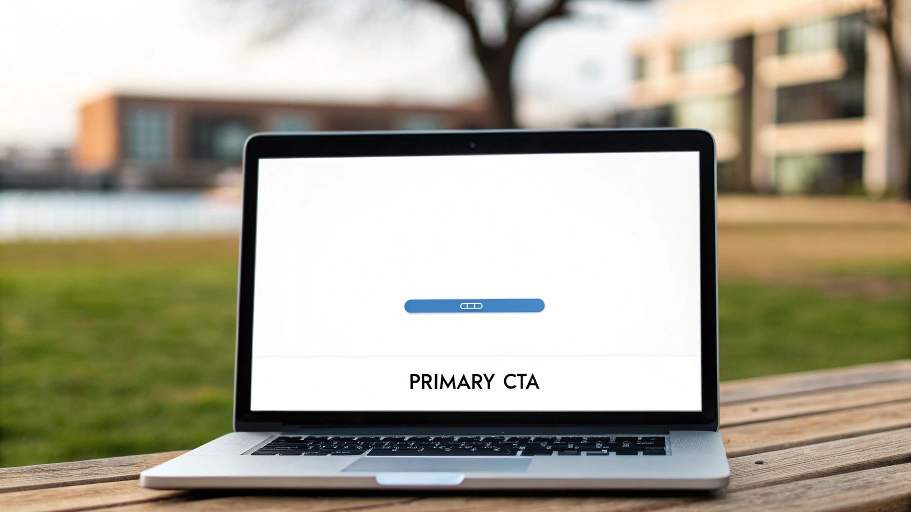 A silver laptop on a wooden table outdoors, displaying a blue 'PRIMARY CTA' button on its screen.